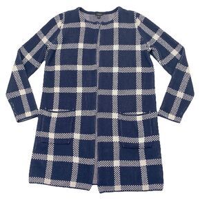 Ann Taylor Factory Open Front Long Blue White Windowpane Plaid Cardigan Women S